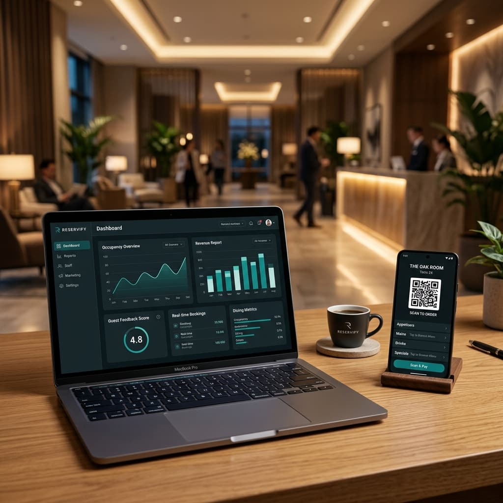 V4 SaaS Hospitality Platform Dashboard and Mobile QR Ordering Mockup